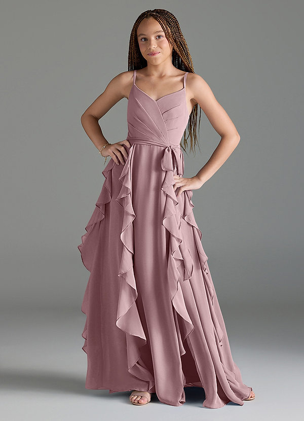 Azazie Peyton Junior Dusty Rose A-Line V-Neck Cascading Ruffles Chiffon Dress image1