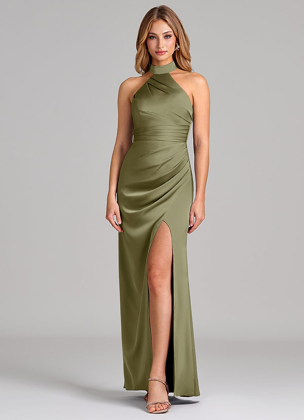 Azazie Karlotta Bridesmaid Dresses Pistachio Sheath Pleated Stretch Satin Dress image1