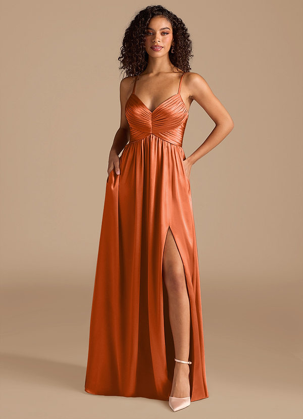 Azazie Alia Robes Demoiselle d'honneur Robe Trapèze en Satiné métallisé Plissée Orange Brûlée image1
