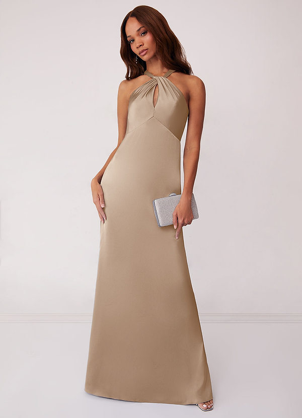 Barbie ♥ Azazie Bridesmaid Dresses Taupe Sheath Stretch Satin Dress image1