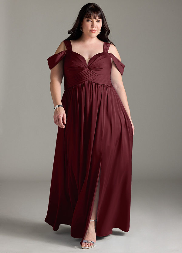 Azazie Lianne Brautjungfernkleider A-Linie Schulterfrei Stretch-Satin Kleid Cabernetrot image1
