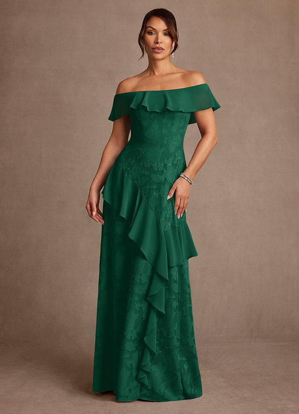 Azazie Marina Vestidos para Mãe da Noiva Vestido Esmeralda de Esgotamento Floral de Linha A com Ombros Caídos image1