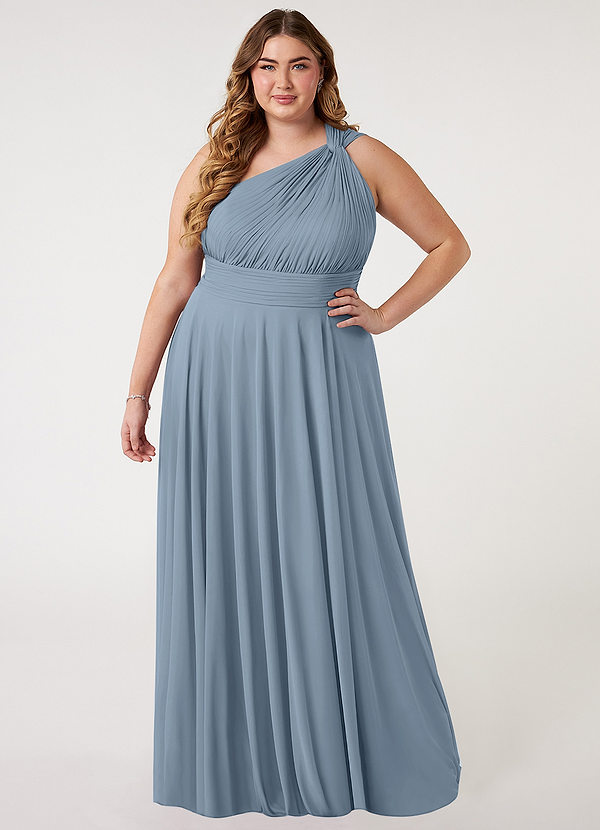 Azazie Charlize Bridesmaid Dresses Dusty Blue A-Line One Shoulder Mesh Dress image1