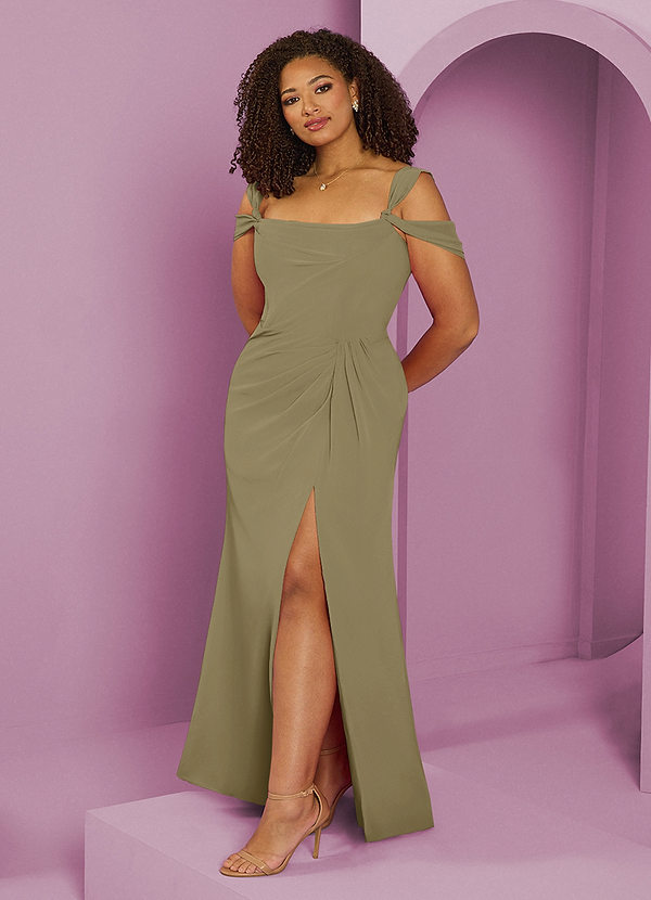 Barbie ♥ Azazie Robes Demoiselle d'honneur Robe Trapèze en Mousseline de soie Épaule décolletée Vert Mousse image1