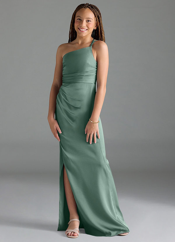 Azazie Eren Junior Eucalyptus Sheath Pleated Stretch Satin Dress image1