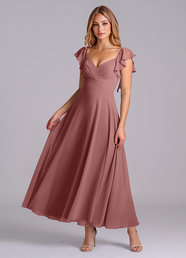 Azazie Leilani Brautjungfernkleider A-Linie Gestreift Chiffon Kleid Wüstenrose image1