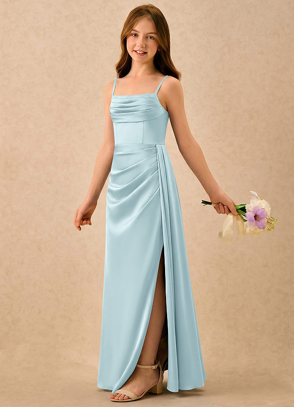 Azazie Shyla Girls Formal Flower Girl Dresses Cloud Blue Sheath Pleated Stretch Satin Dress image1