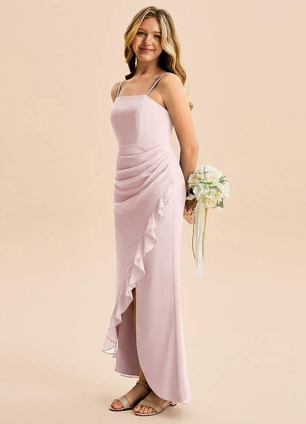 Azazie Buzzy Junior Robe Fourreau en Mousseline de soie Plissée Rose Pâle image1