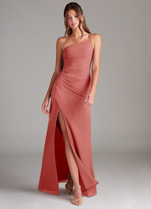 Azazie Eren Vestidos Dama de Honor Vestido de Rosa Antigua de Gasa de Corte Recto con Hombro unilateral image1