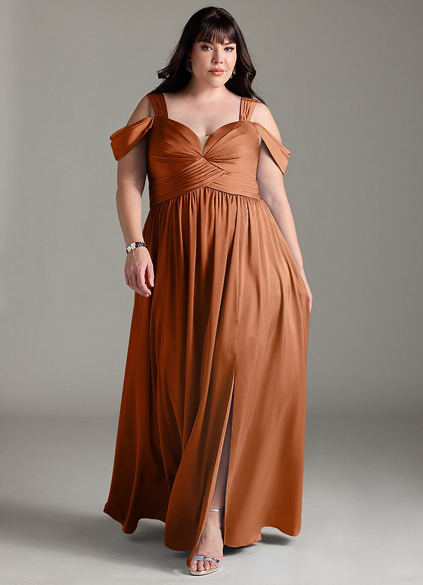 Azazie Lianne Bridesmaid Dresses Copper A-Line Off the Shoulder Stretch Satin Dress image1