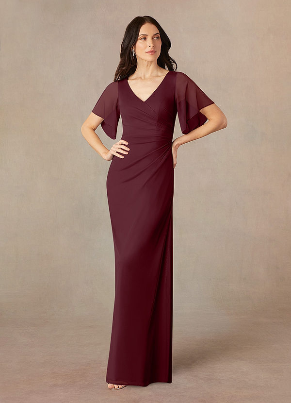 Azazie Selah Mother of the Brides Dresses Cabernet A-Line V-Neck ruched Mesh Dress image1
