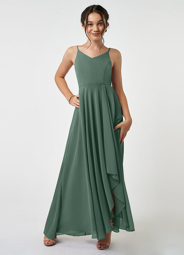 Azazie Collette Junior Sea Moss A-Line Ruched Chiffon Dress image1