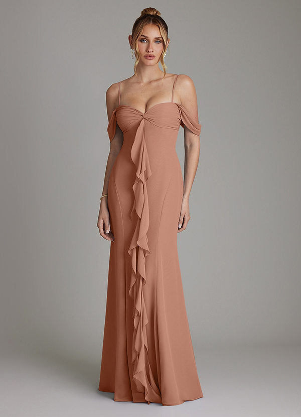 Azazie Karmela Bridesmaid Dresses Bronzer A-Line Off the Shoulder Chiffon Dress image1