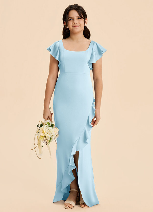 Azazie Demi Junior Vestido de Azul Cielo de Satén Elástico de Corte en A con Lazo image1