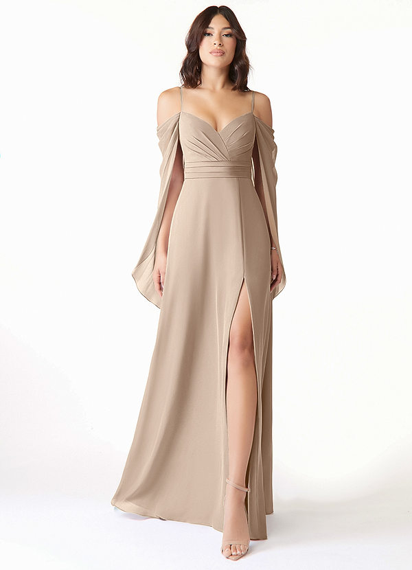 Azazie Cienna Bridesmaid Dresses Taupe A-Line Long Sleeve Chiffon Dress image1