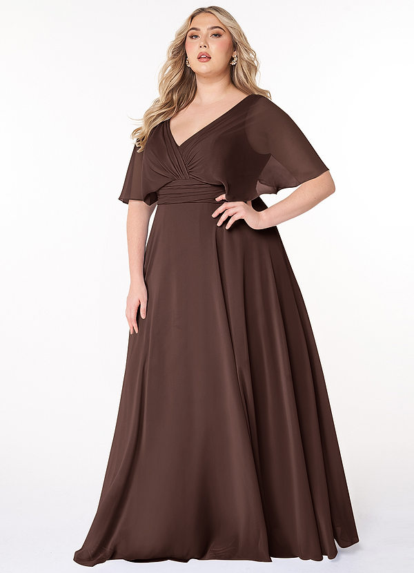 Azazie Pamela Robes de demoiselle d'honneur Robe Trapèze en Mousseline de soie Col V plissé Ganache image1