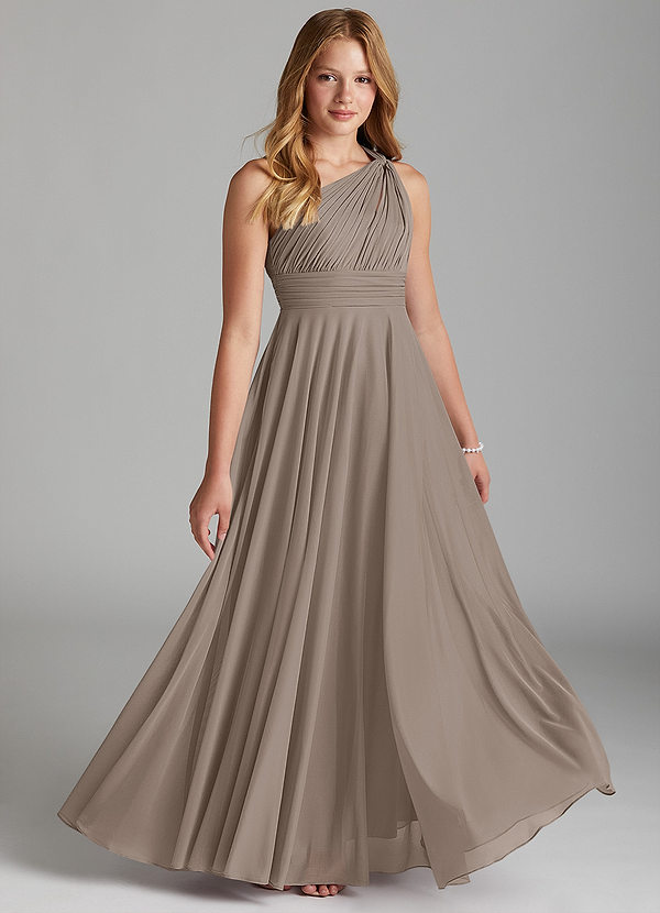 Azazie Charlize Junior Taupe A-Line Mesh Dress image1
