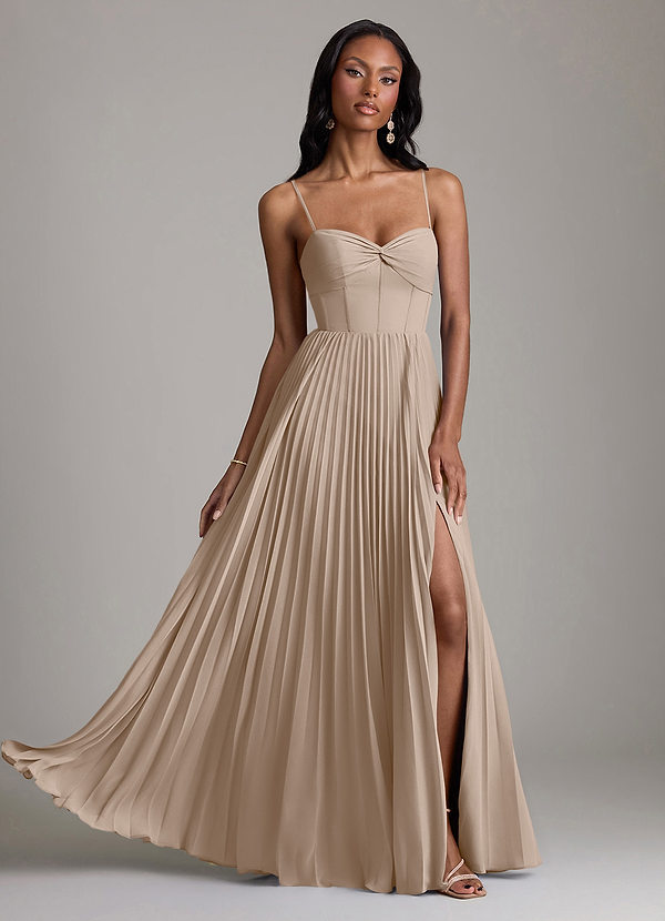 Azazie Akiko Robes de demoiselle d'honneur Robe Trapèze en Mousseline de soie Décolleté en cœur Taupe image1
