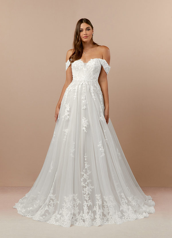Azazie Botanica Wedding Dresses A-Line Lace Tulle Chapel Train Dress image1