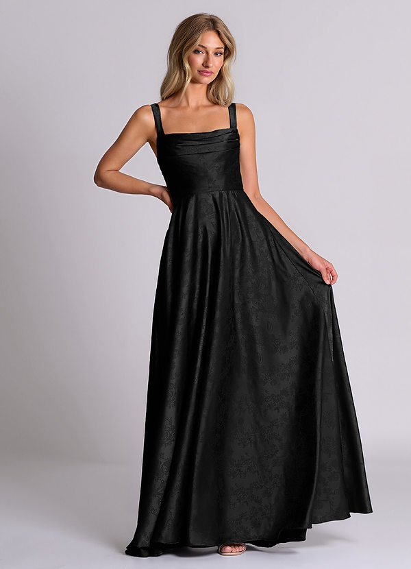 Azazie Shaude 신부 들러리 드레스 A라인 주름진 자카드 바닥 길이 드레스 image1