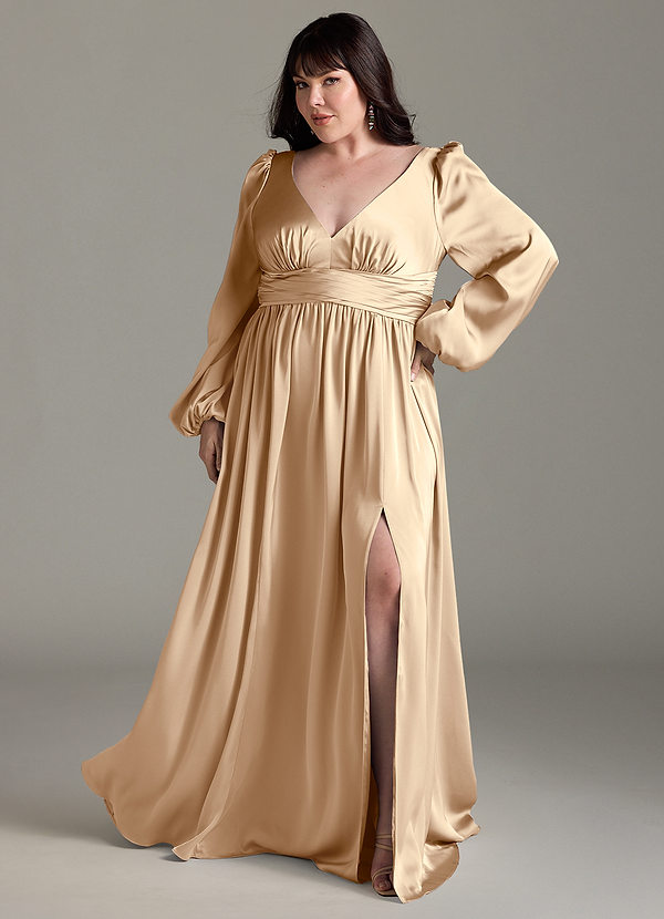 Azazie Norah Robes Demoiselle d'honneur Robe Trapèze en Satin extensible Champagne image1