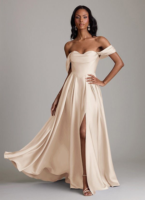 Azazie Loisa Abiti da Damigella Abito A-Line in Raso Elasticizzato a Spalla Scoperta Alabastro Bianco image1