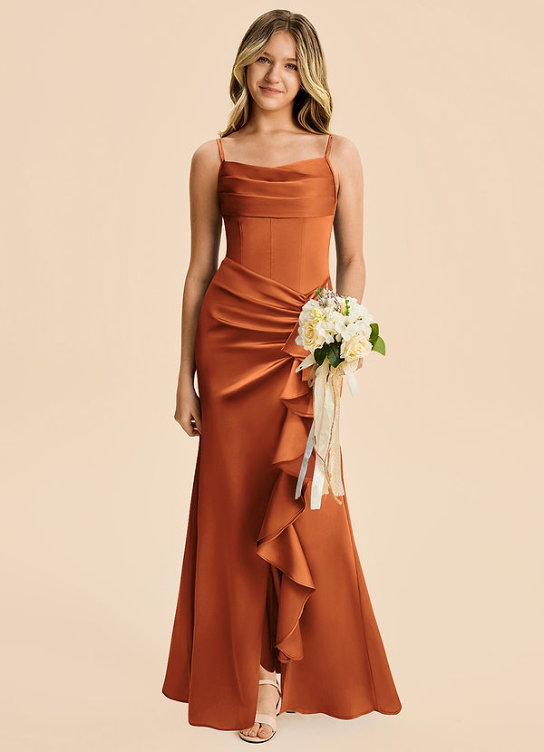 Rosalia Junior Cinnamon Sheath Pleated Stretch Satin Dress image1