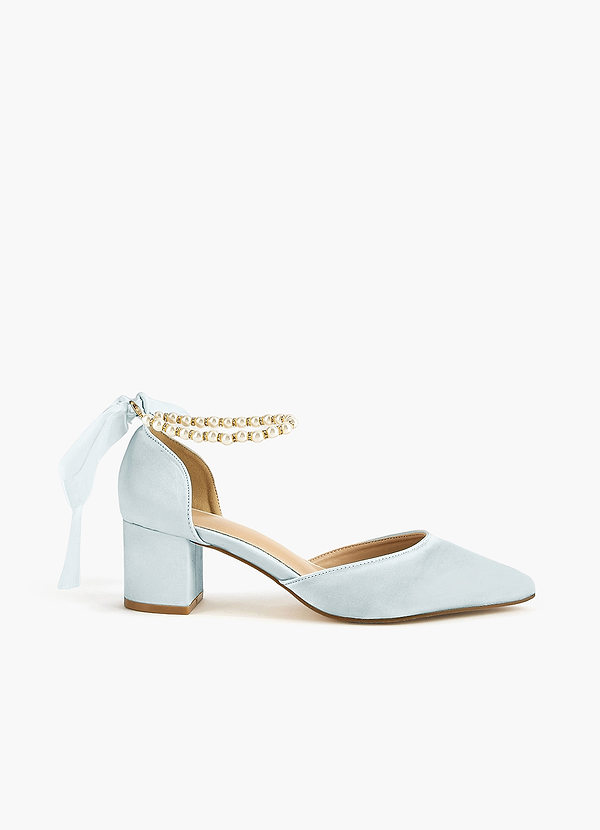 front Satin Pearl and Bow Pointed Toe Block Heels