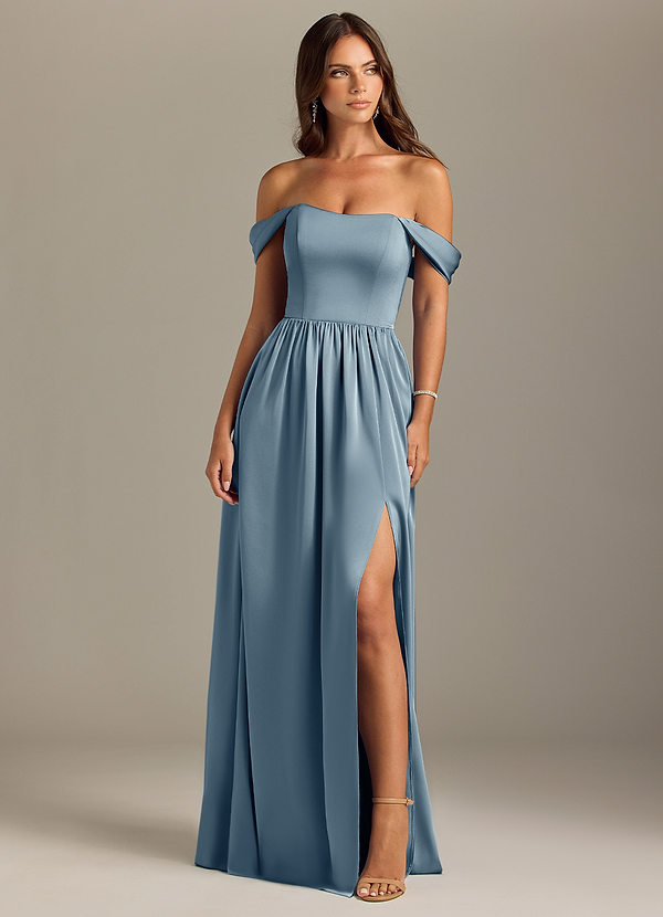 Azazie Calianna Bridesmaid Dresses Dusty Blue A-Line Off the Shoulder Stretch Satin Convertible Dress image1