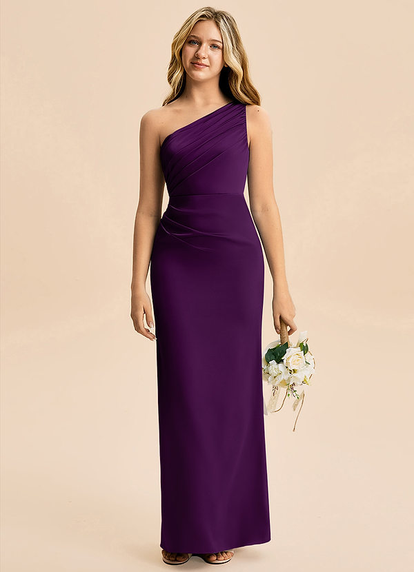 Azazie Akilah Junior Vestido Uva de Cetim elástico de Bainha com Plissado image1