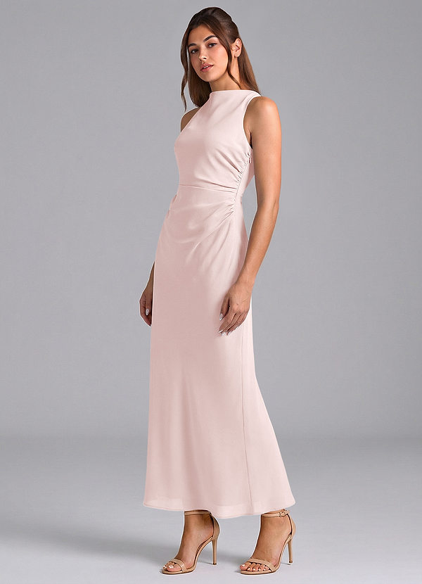 Azazie Evadne Bridesmaid Dresses Blushing Pink Sheath Pleated Chiffon Dress image1