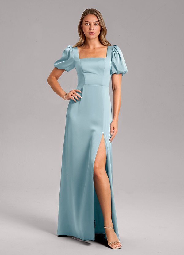 Azazie Fyona Bridesmaid Dresses Moody Blue A-Line Pleated Stretch Satin Dress image1