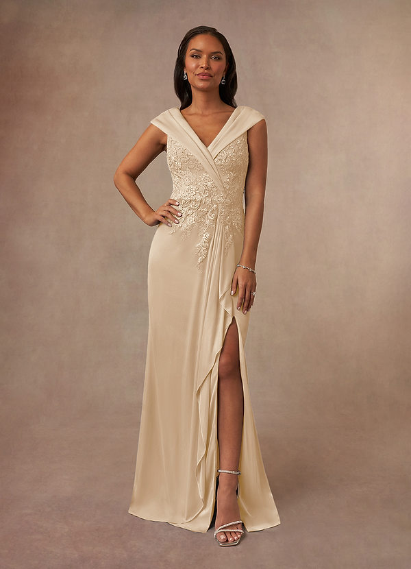 Azazie Calathea Mother of the Brides Dresses Champagne A-Line Lace Dress image1