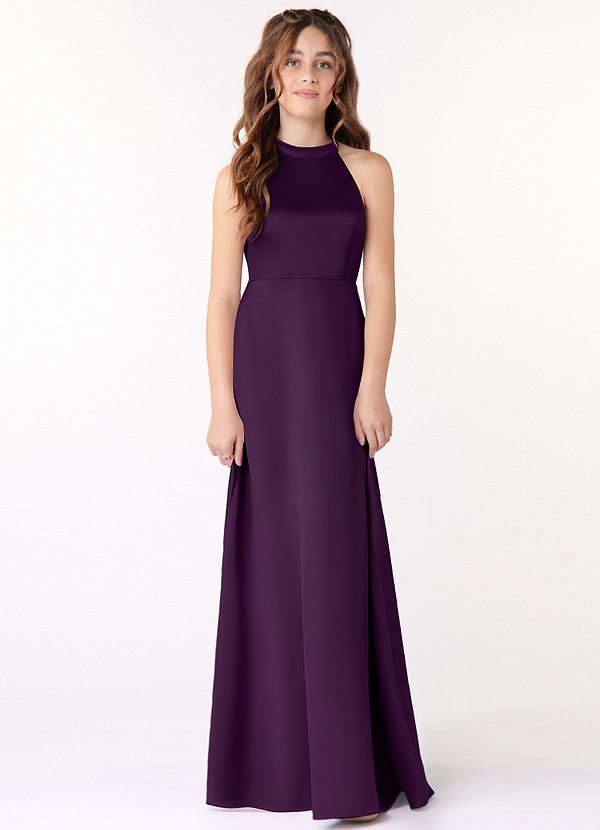 Azazie Laurel Junior Grape A-Line Stretch Satin Dress image1