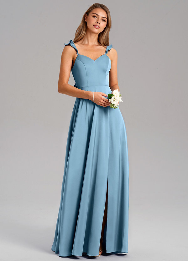 Azazie Everett Bridesmaid Dresses Steel Blue A-Line Stretch Satin Dress image1
