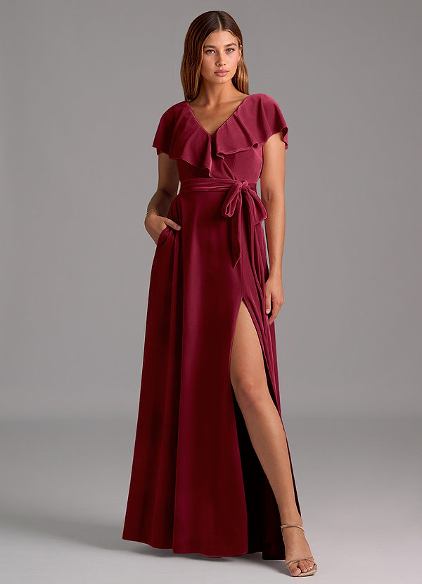 Azazie Lainey Bridesmaid Dresses Burgundy A-Line Ruched Velvet Dress image1