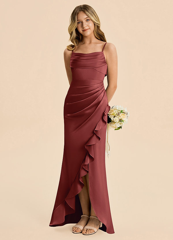 Azazie Mia Junior Terracotta Mermaid Pleated Stretch Satin Dress image1