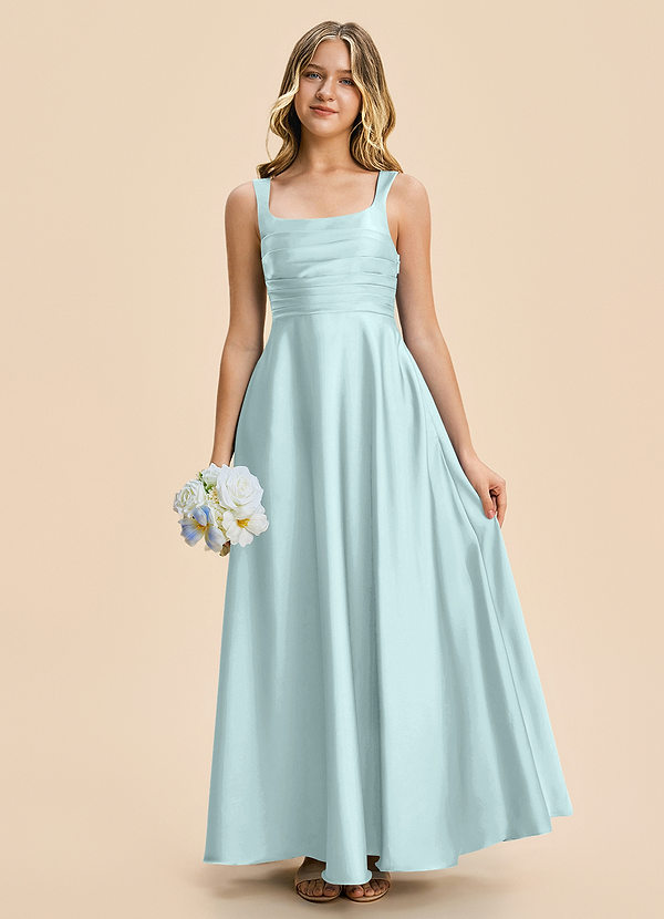 Azazie Azaria Junior A-Linie Plissee Stretch-Satin Kleid Seegrün image1