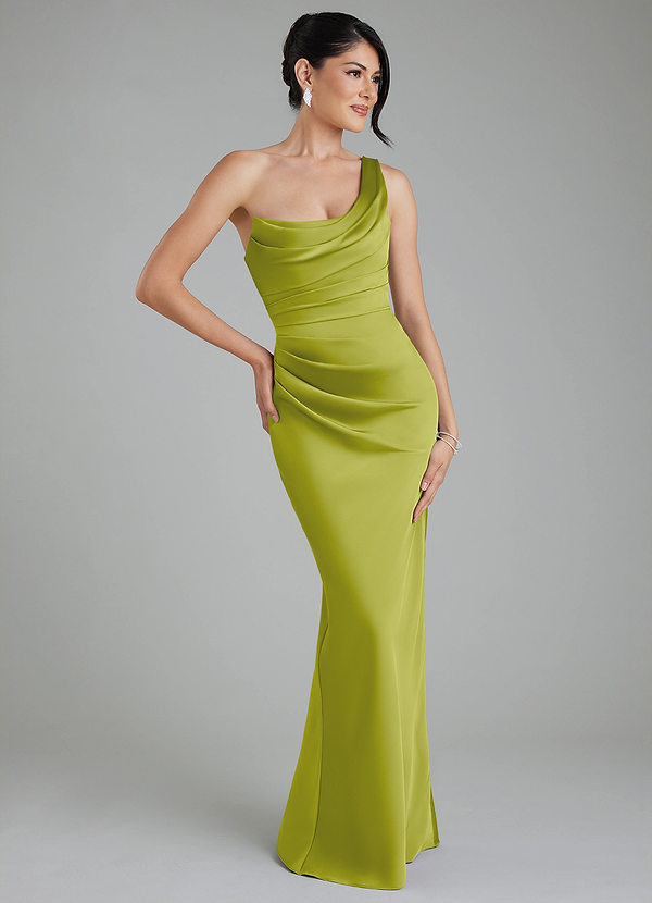 Azazie Sabrina Brautjungfernkleider Meerjungfrau-Linie Korsett Stretch-Satin Kleid Zitronengras image1