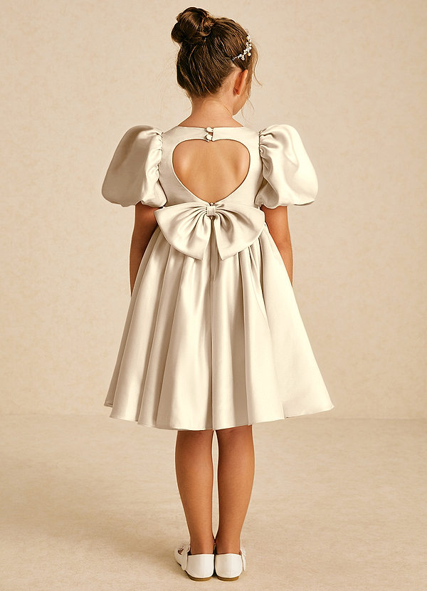 Azazie Muffin Flower Girl Dresses Champagne A-Line with Sleeves Matte Satin Dress image1