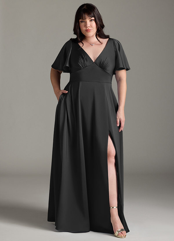 Azazie Kimber Bridesmaid Dresses Black A-Line Ruched Stretch Satin Dress image1