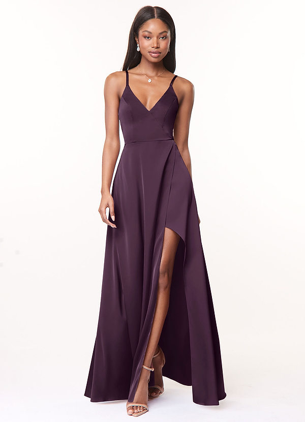 Azazie Maksim Bridesmaid Dresses Plum A-Line V-Neck Stretch Satin Dress image1