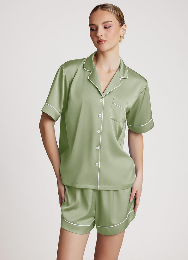 front Dusty Sage Pyjamasset i satin med kontrasterande kantband