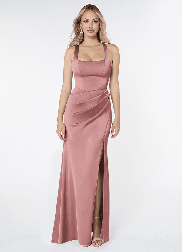 Azazie Mero Bridesmaid Dresses Dusty Rose Sheath Pleated Stretch Satin Dress image1