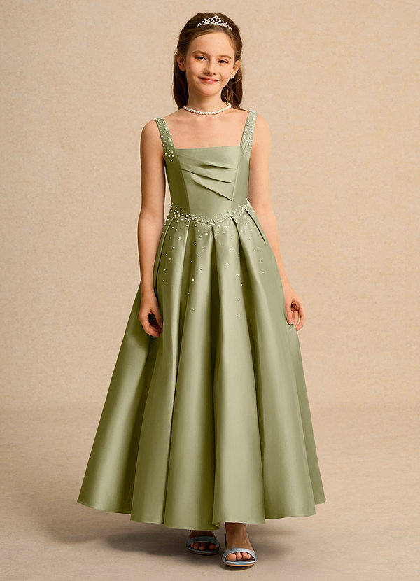 Azazie Mochi Girls Formal Flower Girl Dresses Moss Green Ball-Gown Pleated Matte Satin Dress image1