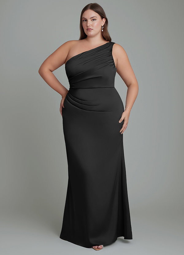 Azazie Akilah Abiti da Damigella Abito Sirena in Raso Elasticizzato Monospalla Nero image1