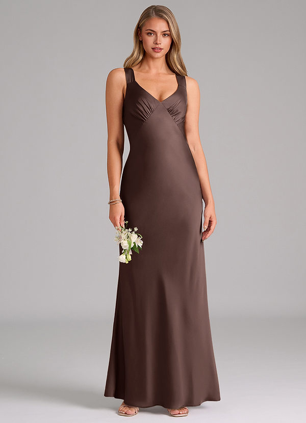 Azazie Kamila Bridesmaid Dresses Ganache A-Line Pleated Stretch Satin Dress image1