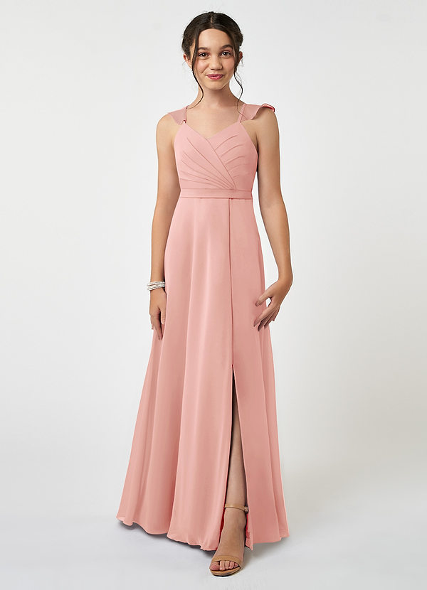Azazie Emily Junior A-Linie Gestreift Chiffon Kleid Rosettenrosa image1