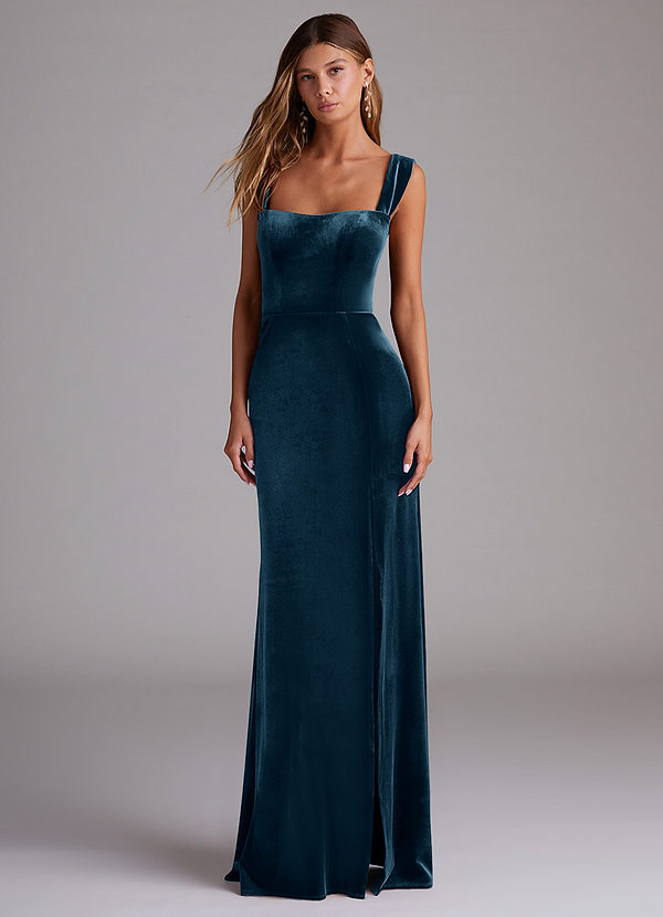 Azazie Junia Vestidos Dama de Honor Vestido de Topacio Azul de terciopelo de Corte Recto Convertible con Vestidos sin tirantes image1