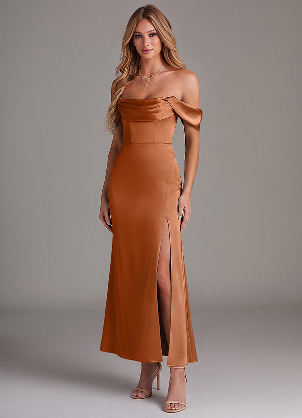 Azazie Saige 신부 들러리 드레스 인어 오프 더 숄더 스트레치 새틴 발목 길이 드레스 image1